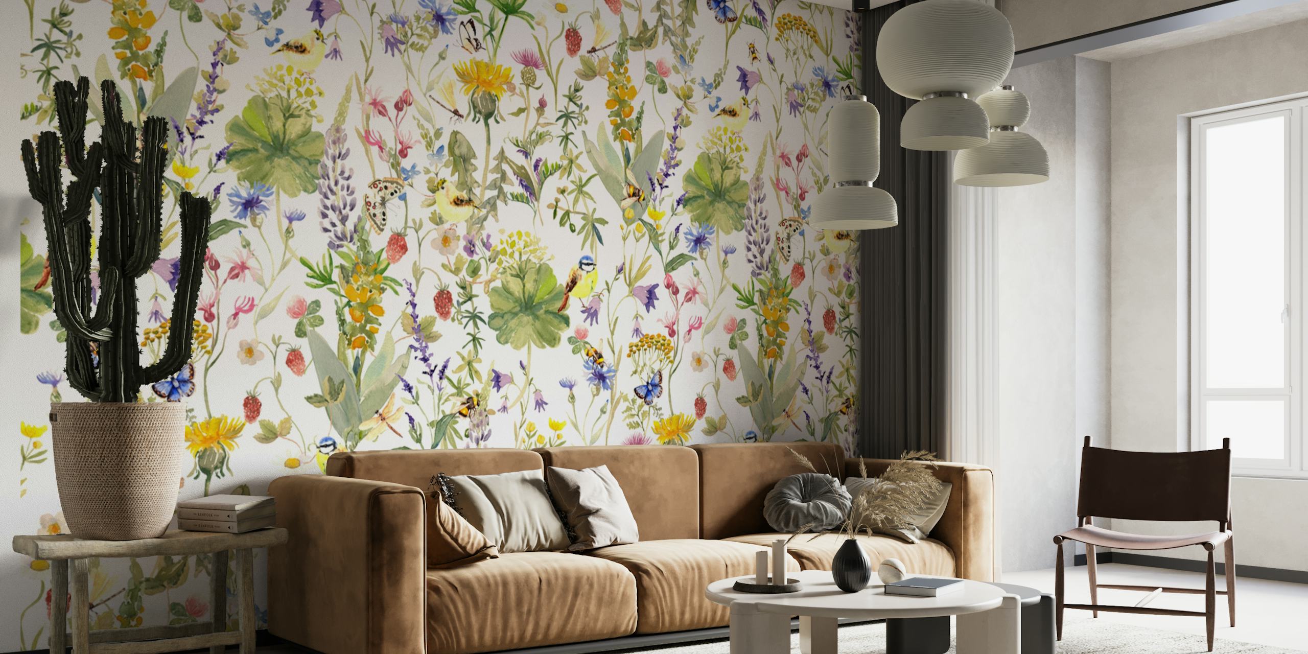 Design de papier peint floral avec des papillons et des fleurs sauvages