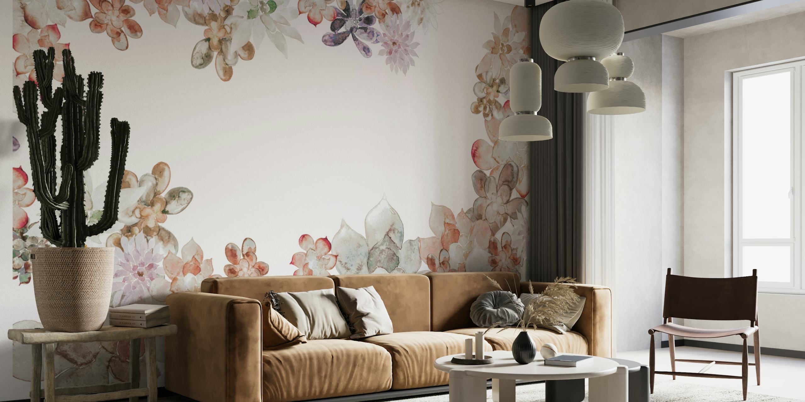 Aquarell-Sukkulentengarten-Wandbild mit floralem Rand auf weißem Hintergrund