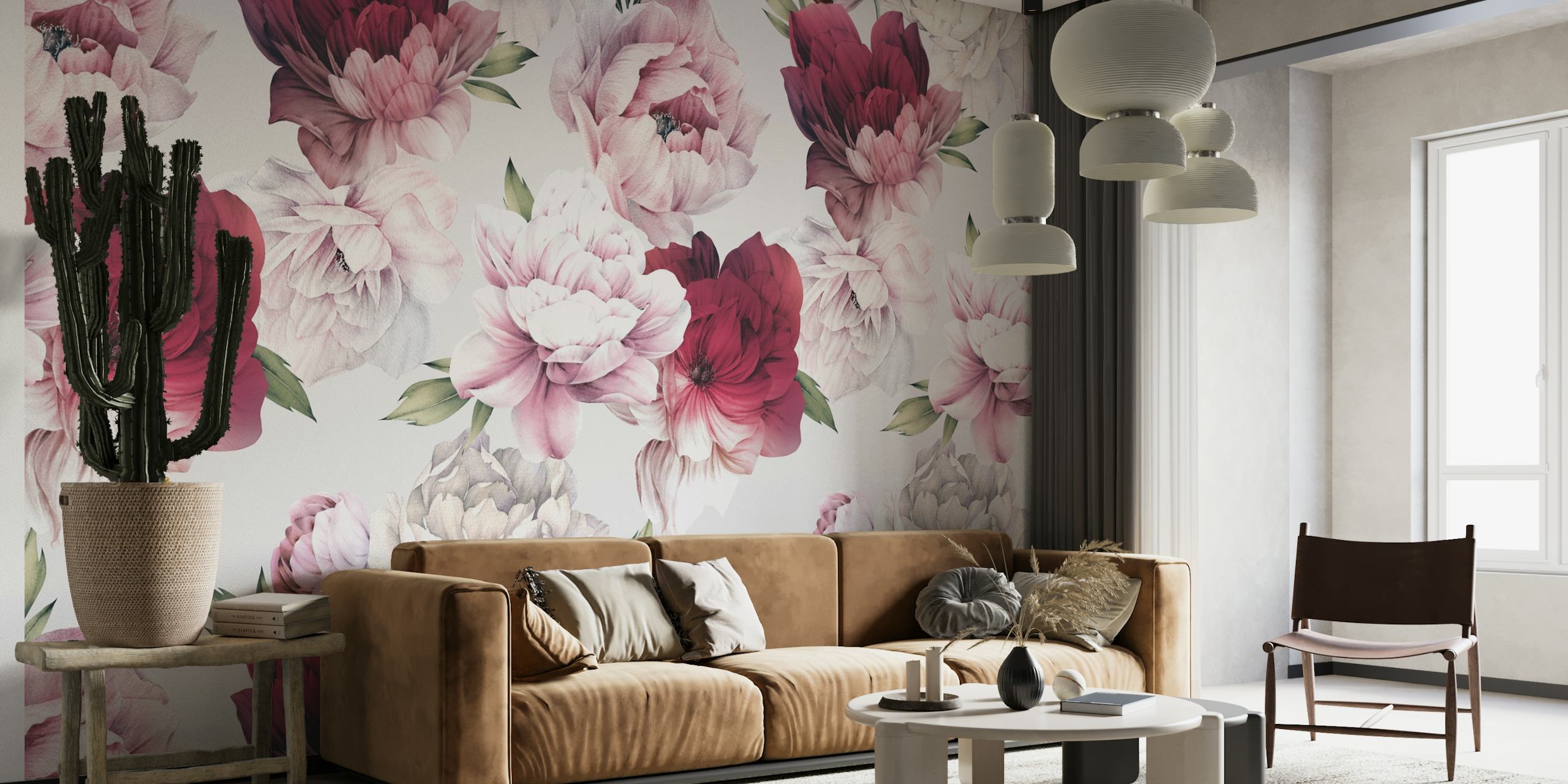 Beautiful peony flowers in pink, white, and burgundy tones wallpaper