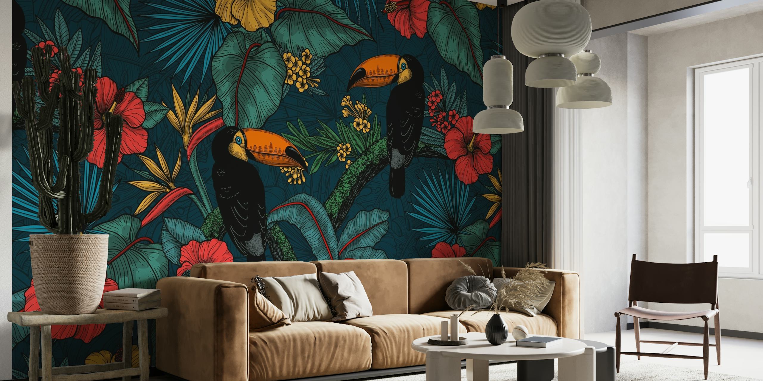 Toucan Garden wall mural with colorful toucans and tropical flowers on a teal background.