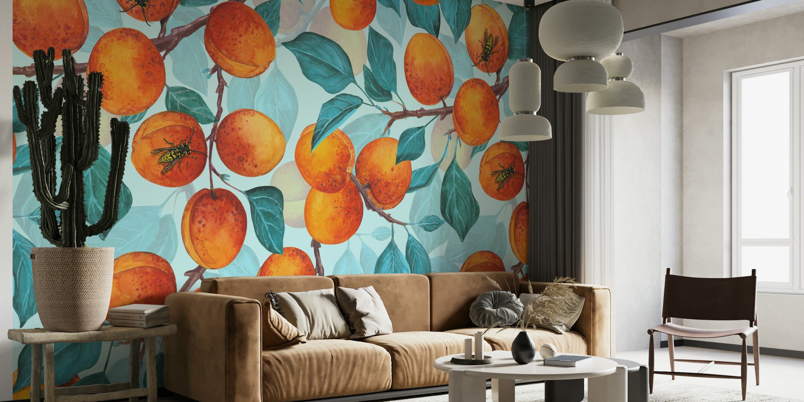 Apricot fruits and green leaves on a light blue background wallpaper