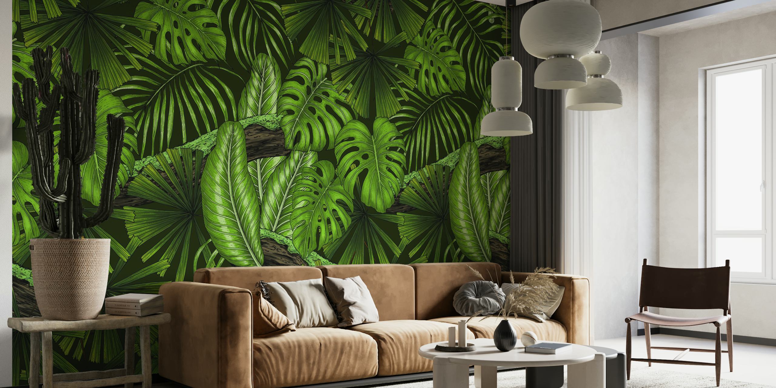 Large green monstera leaves on dark background wallpaper