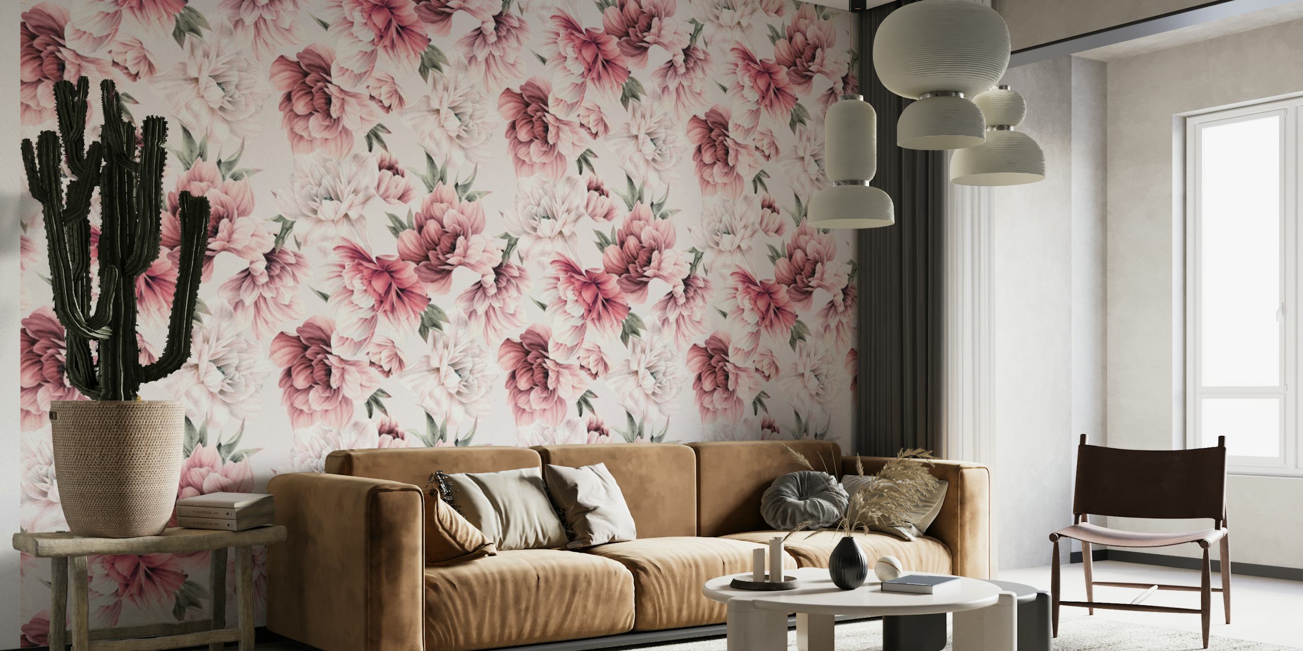 Red and white peonies floral design wallpaper