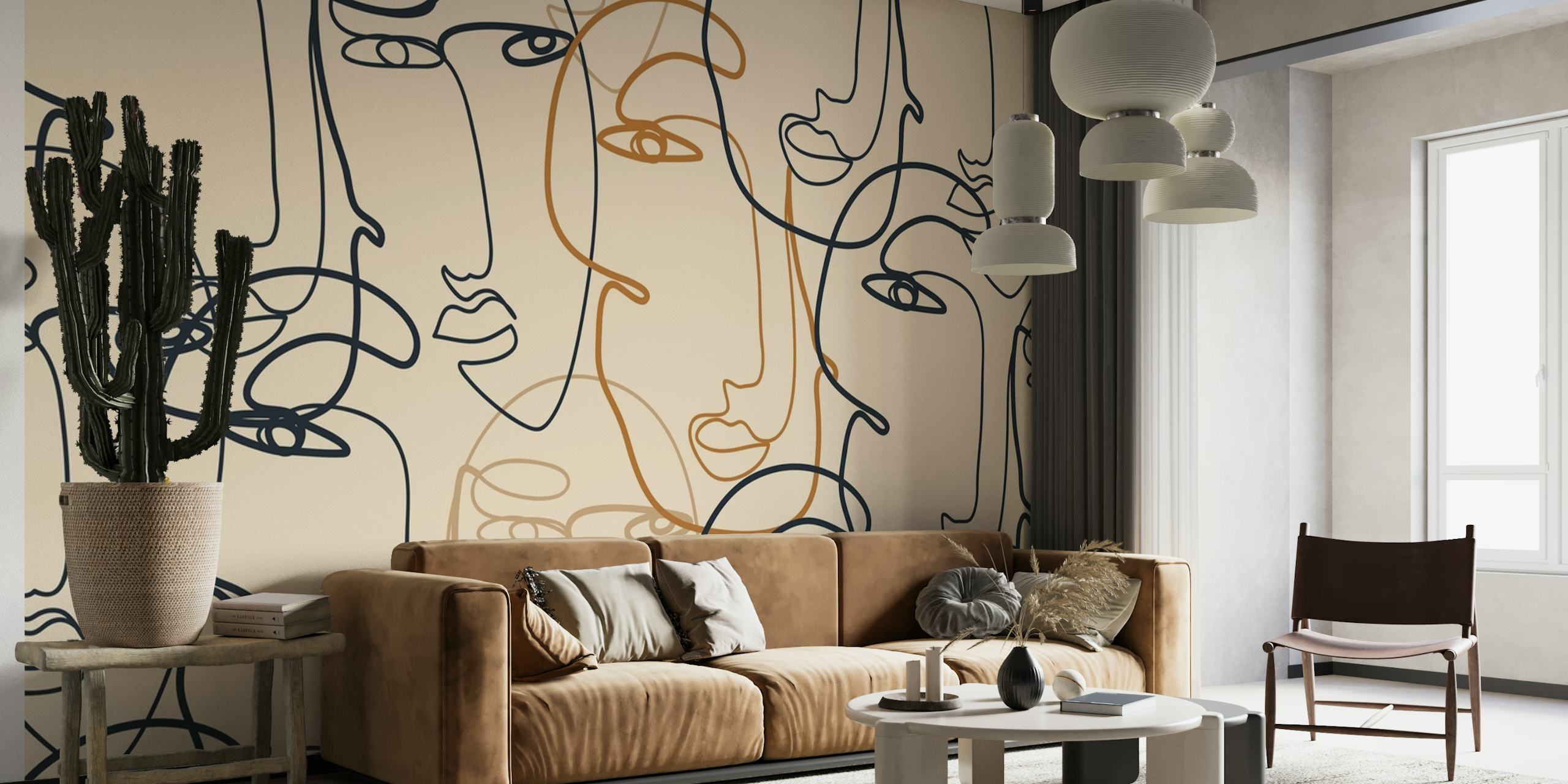 Abstract faces line art wall mural in neutral tones
