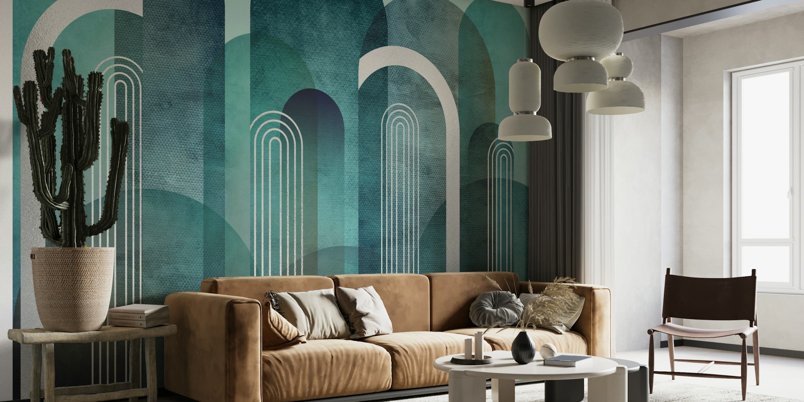 Geometric arch patterns in teal, green, and white wallpaper