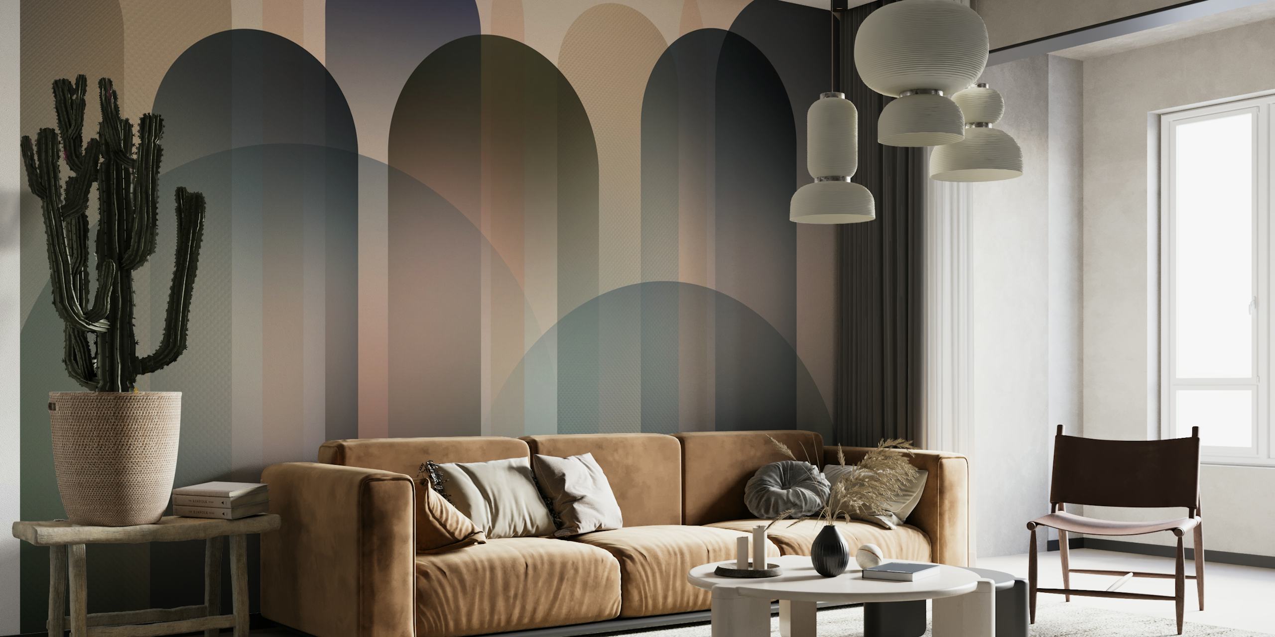Geometric arches in neutral tones: beige, gray, and black wallpaper