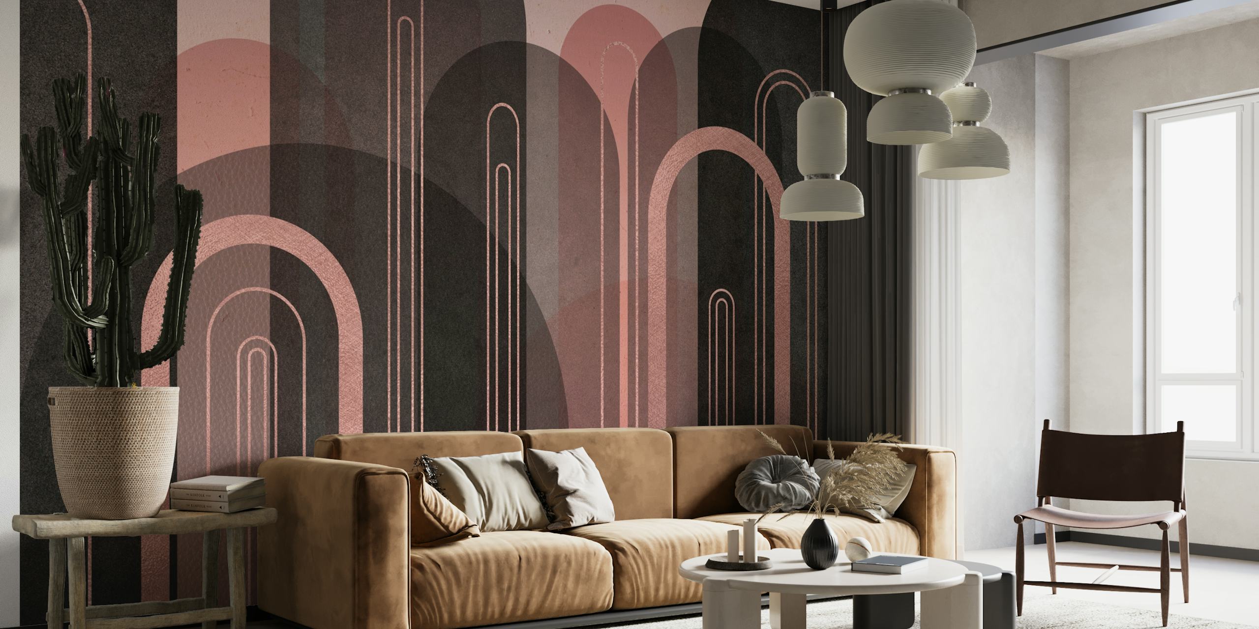 Imagery of Arches Wallpaper showing blends of black, pink, blush, and rose gold