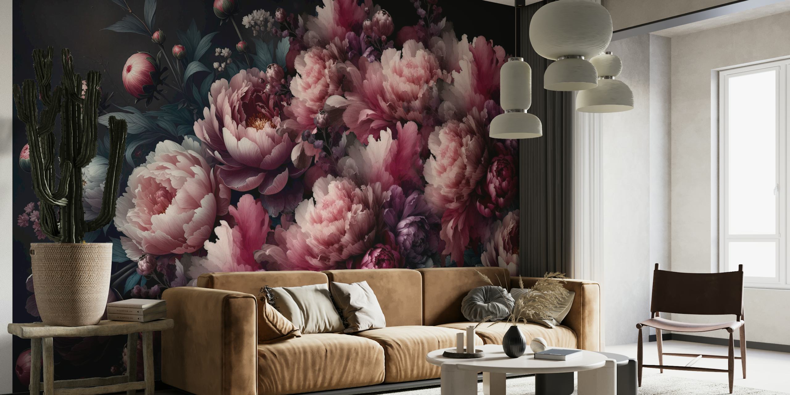 Vintage Peonies Pink Burgundy Tapete in einem Raum