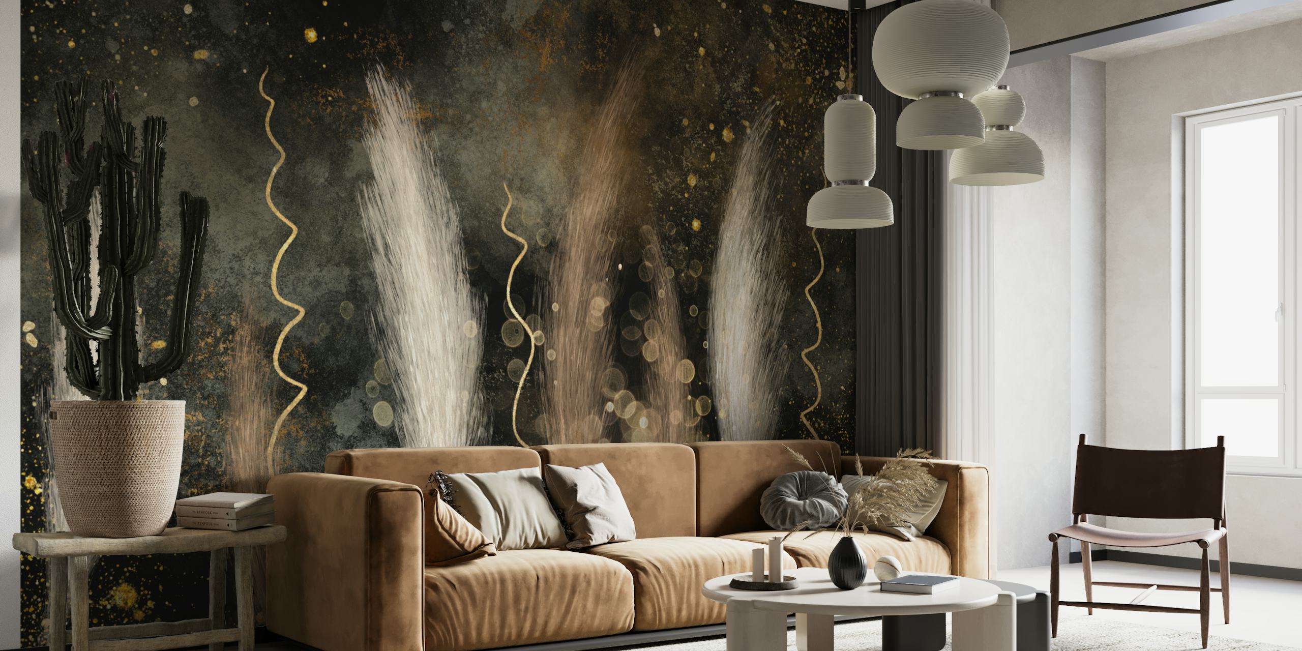 Pampas grass with beige and gold hues on black background wallpaper