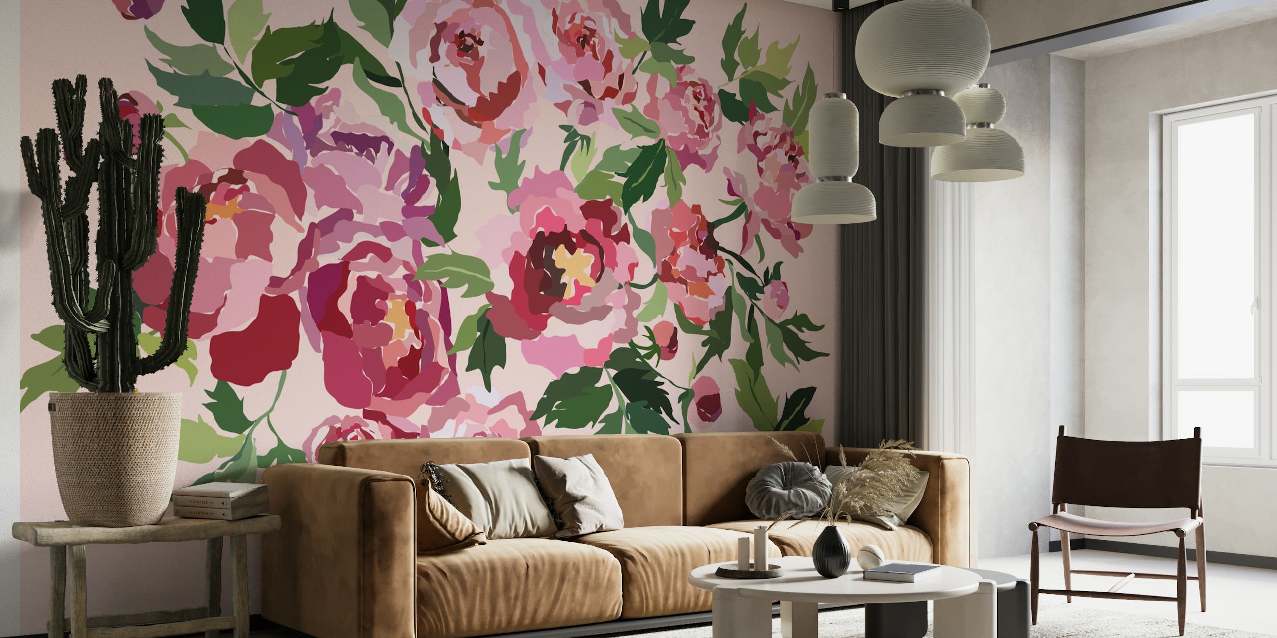Peony pastel pink papier peint floral dans une pièce