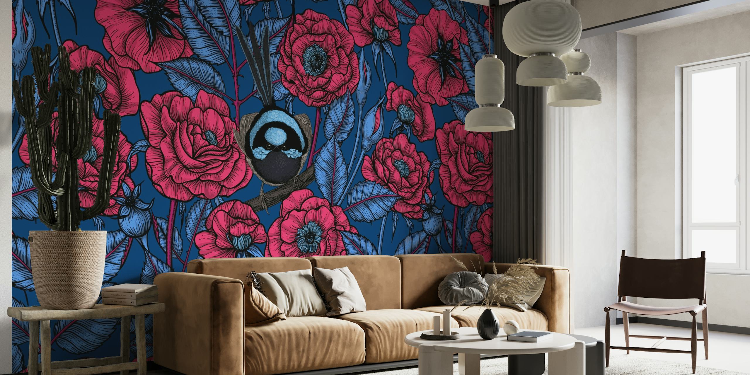Wall mural of a wren sitting among red roses on a blue background