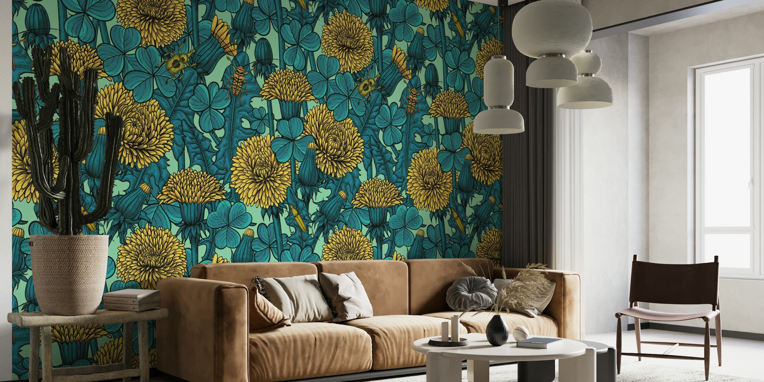 Vibrant teal wall mural with golden dandelions and green clovers pattern