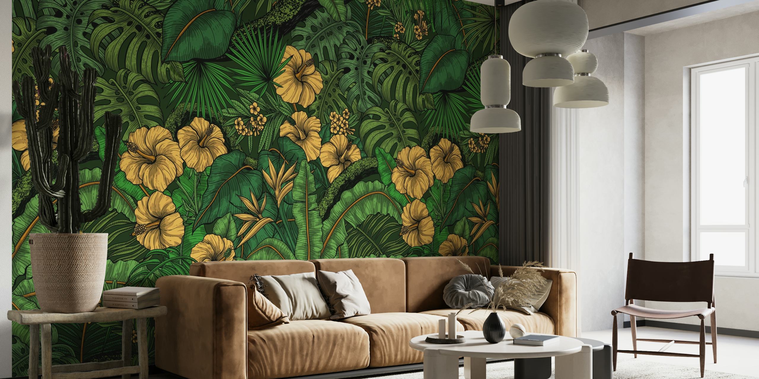Fotomural vinílico de parede de flora tropical vibrante com vegetação exuberante e flores amarelas de hibisco.
