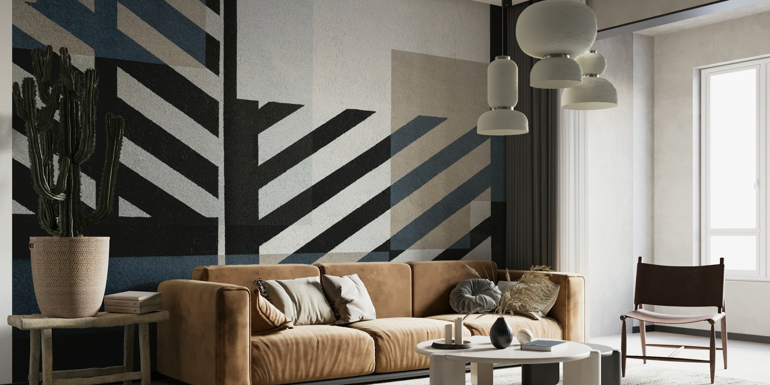 Geometric wall mural featuring angular lines with blue and grey abstract shapes