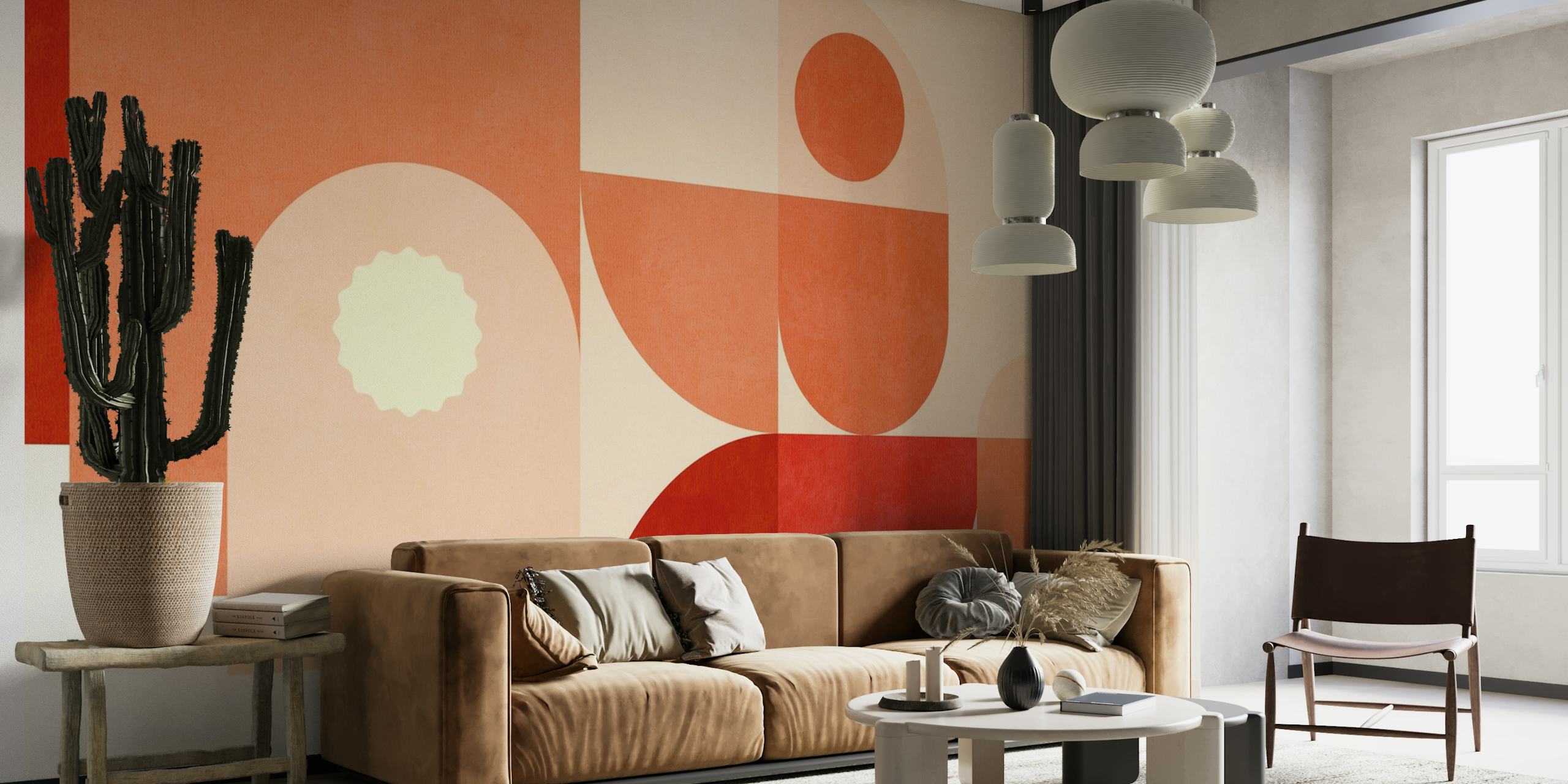 Artistic glass of mid-century modern wallpaper with terracotta & earth tones