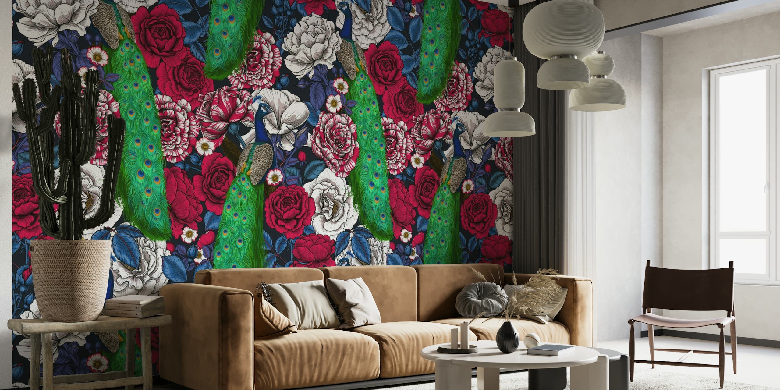 Peacock and rose pattern wall mural with vibrant blues and reds on a dark background