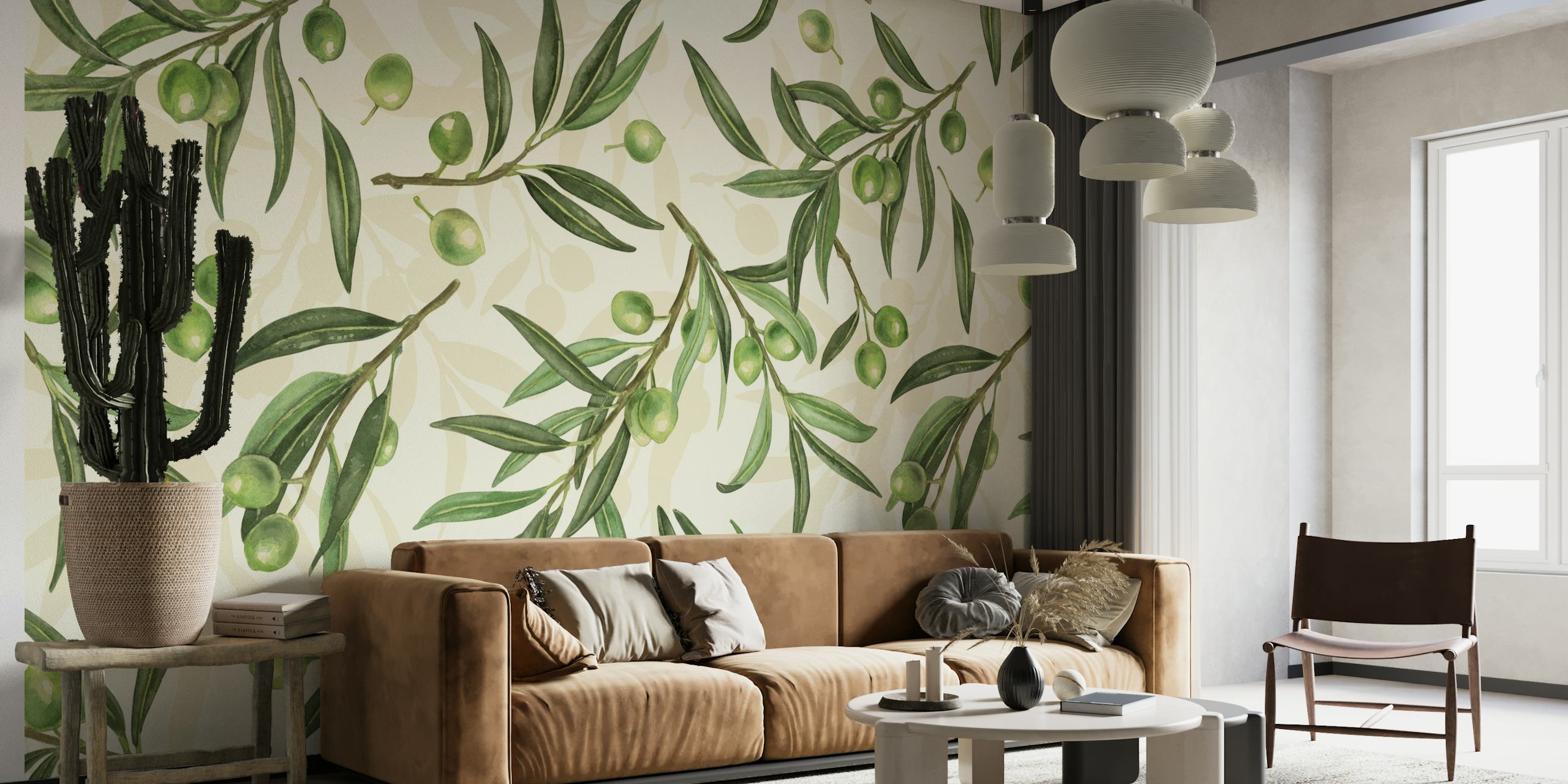 Olive branches watercolor on off white wallpaper
