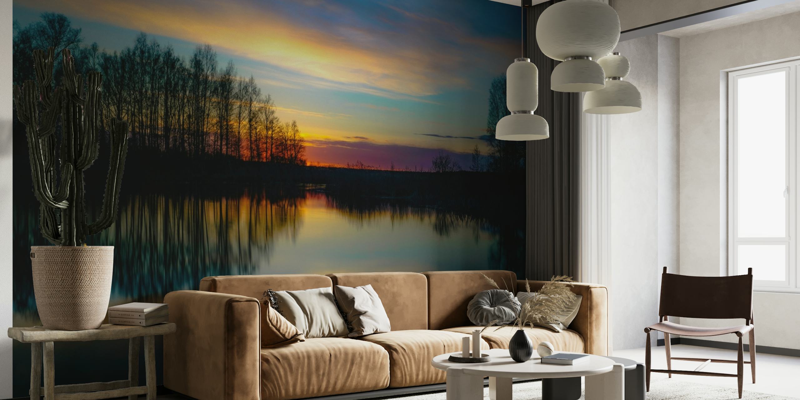 Seinämaalaus rauhallisesta järven auringonlaskusta eloisilla väreillä ja puiden siluetteilla
