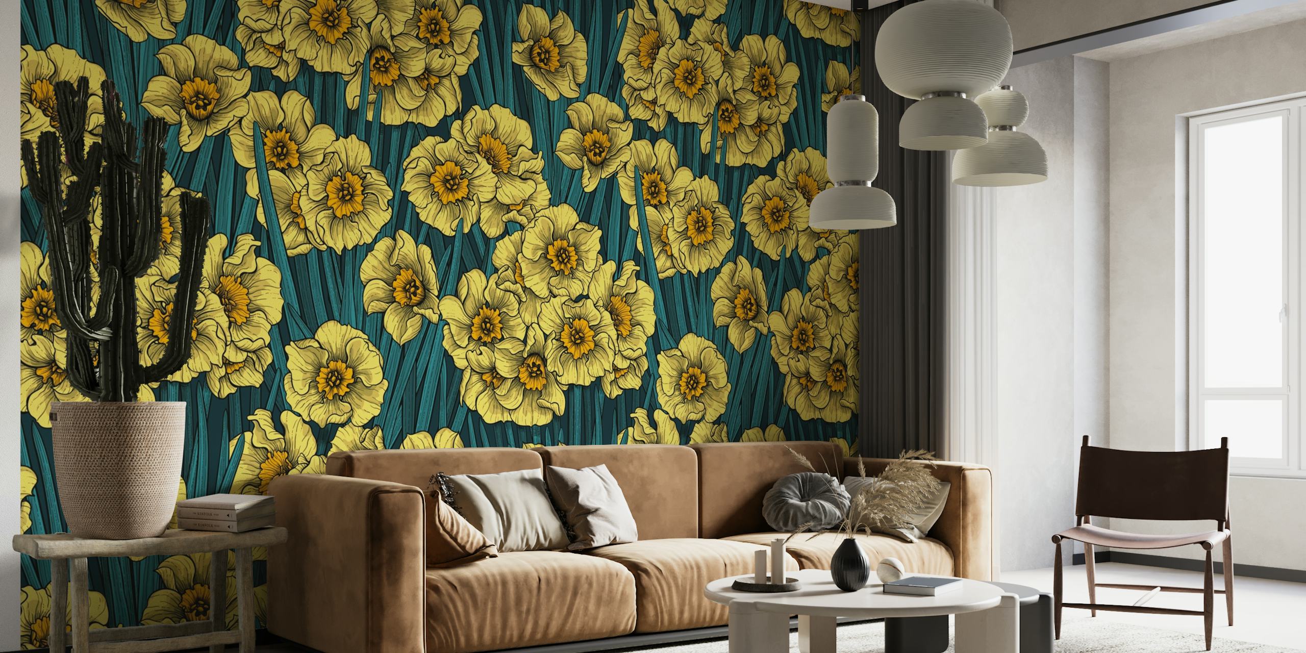 Golden daffodils on teal background wall mural