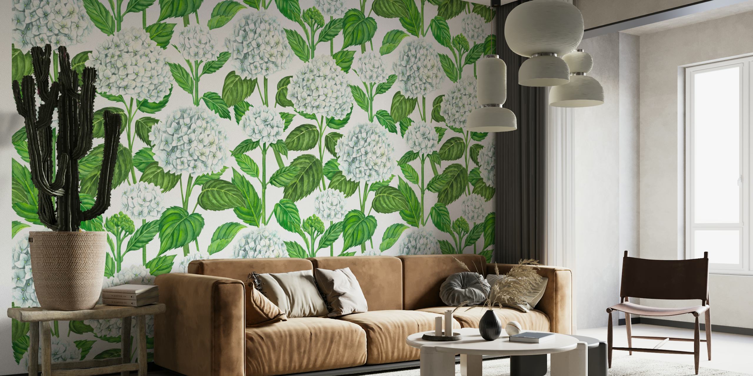 White hydrangea flowers surrounded by green leaves wallpaper