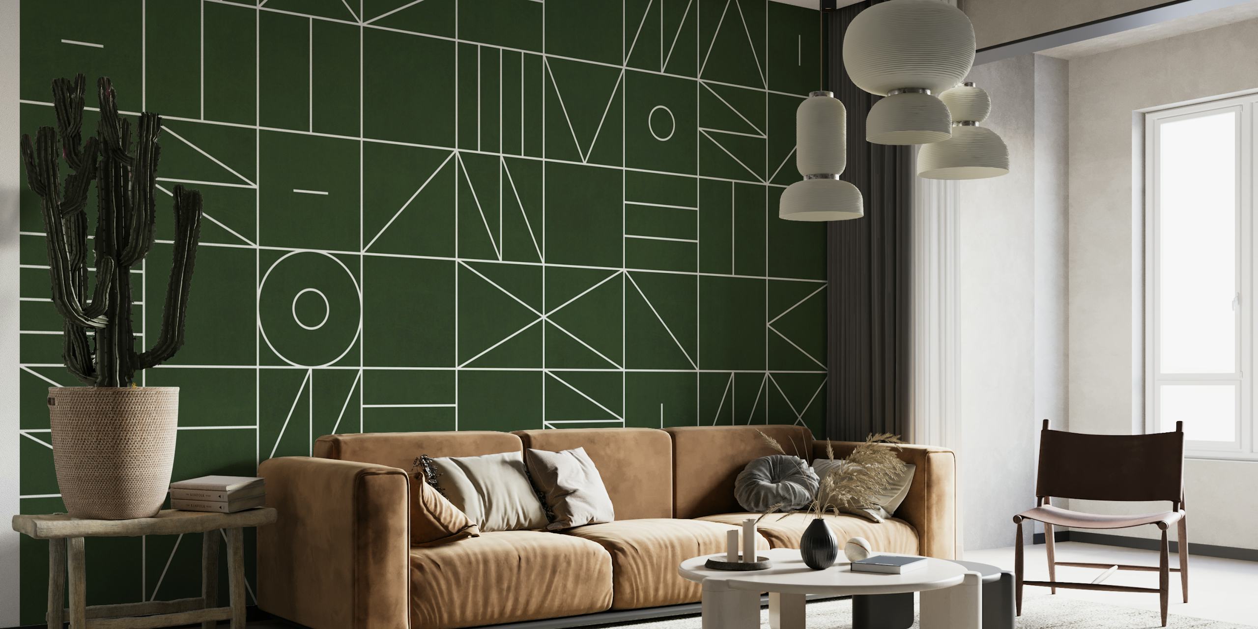 Muurschildering met geometrisch patroon met een verscheidenheid aan vormen en lijnen op een donkere achtergrond