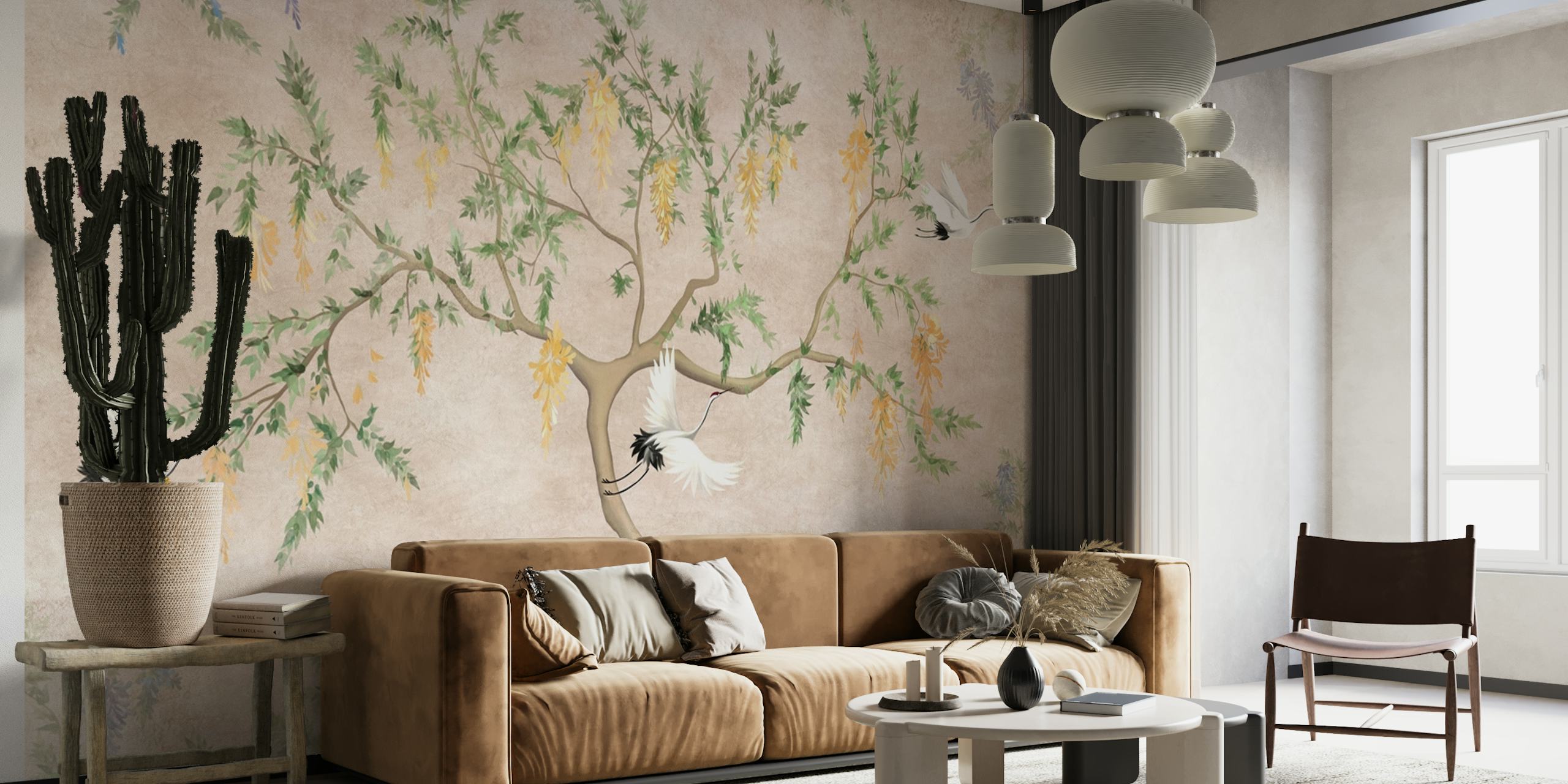 Cranes and floral design with soft colors on wallpaper