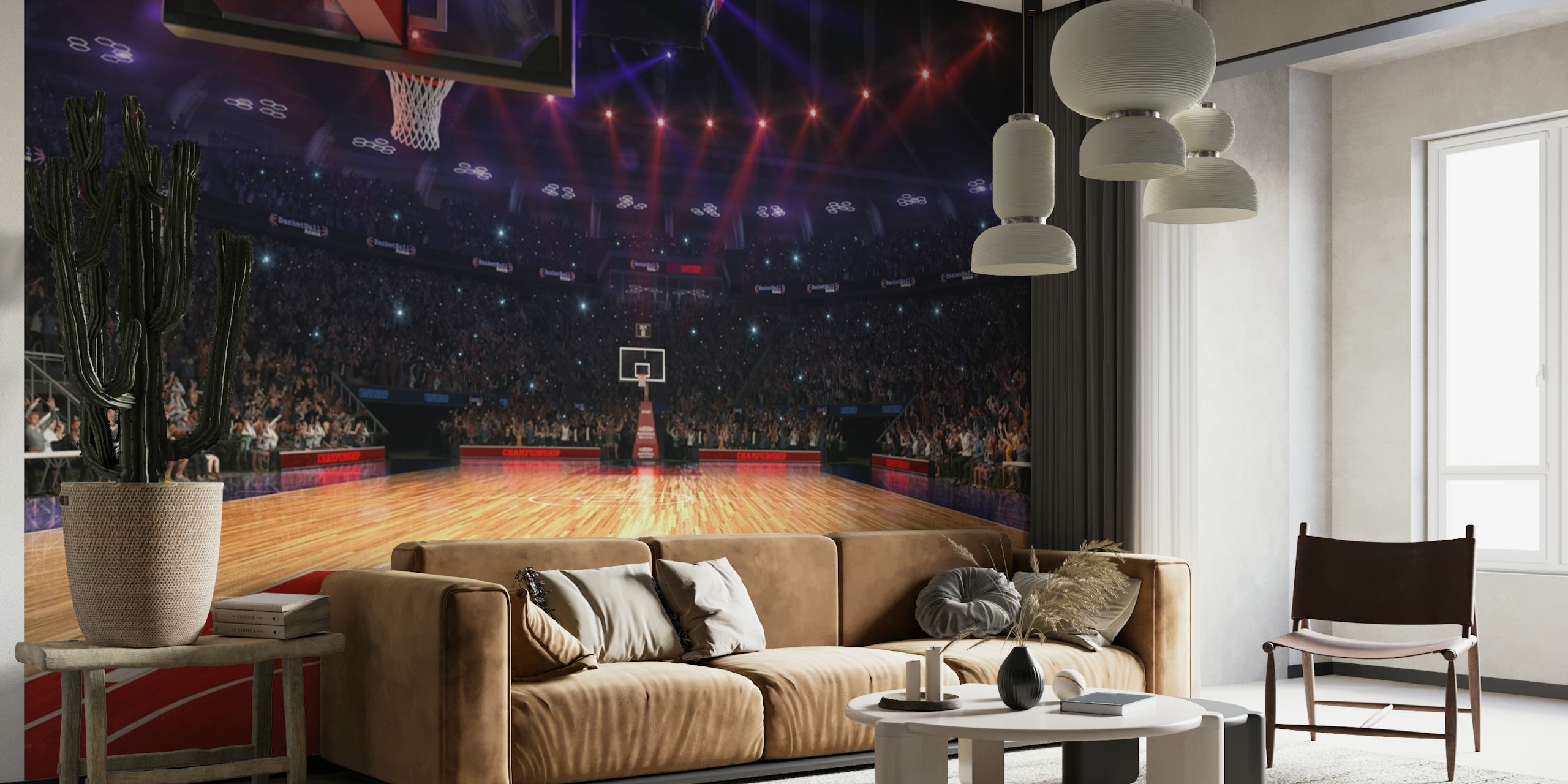 basketball court wall mural with a view towards the hoop