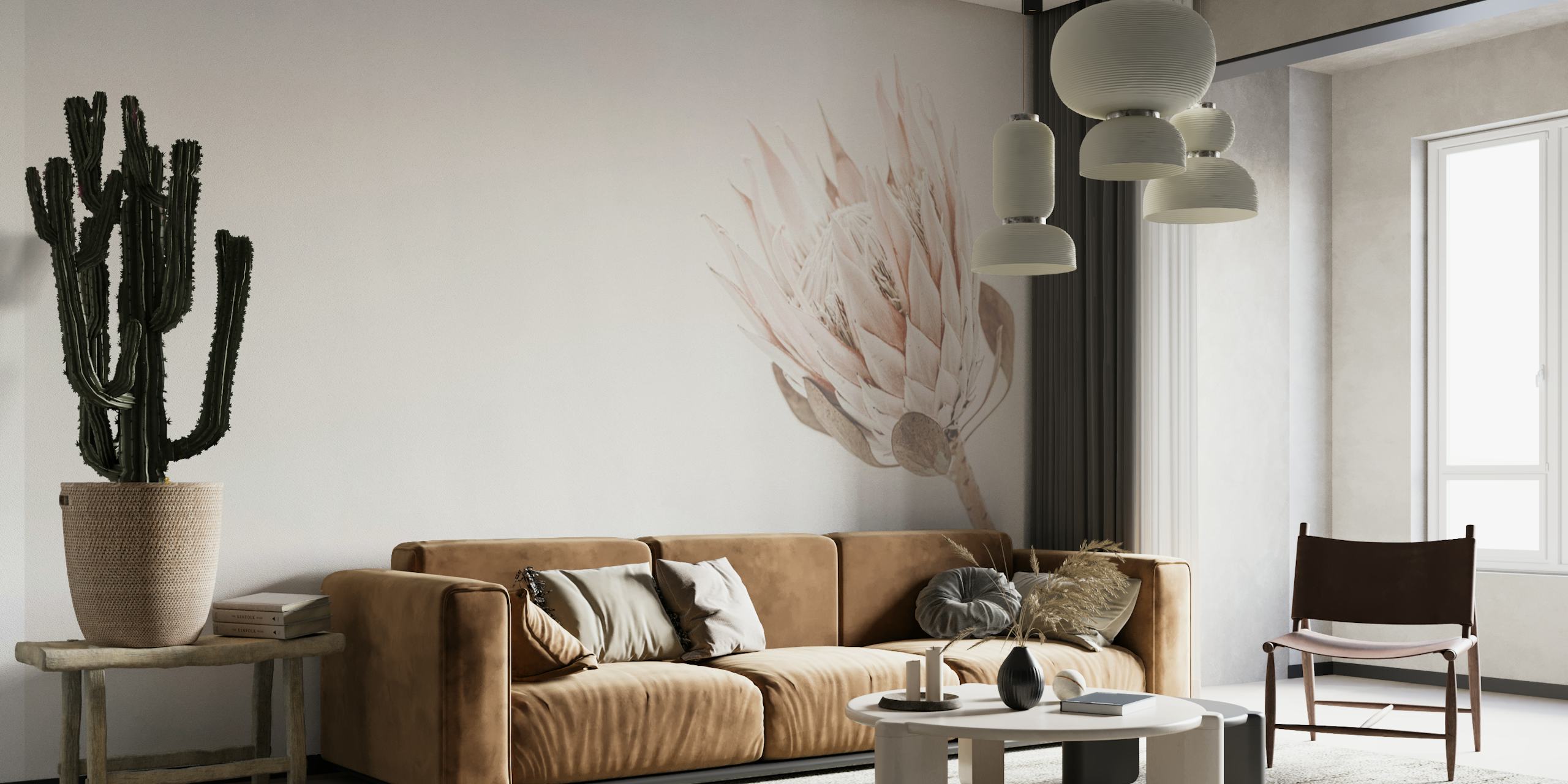 Protea Creme wall mural featuring a single pale protea bloom against a creamy background