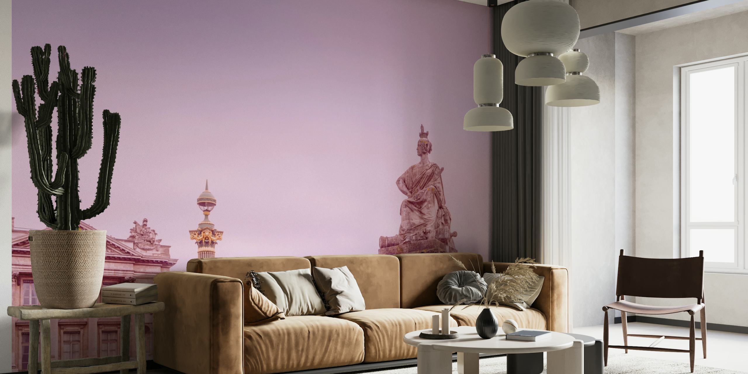 Violetti sävytetty Pariisin horisonttiseinämaalaus ikonisella arkkitehtuurilla