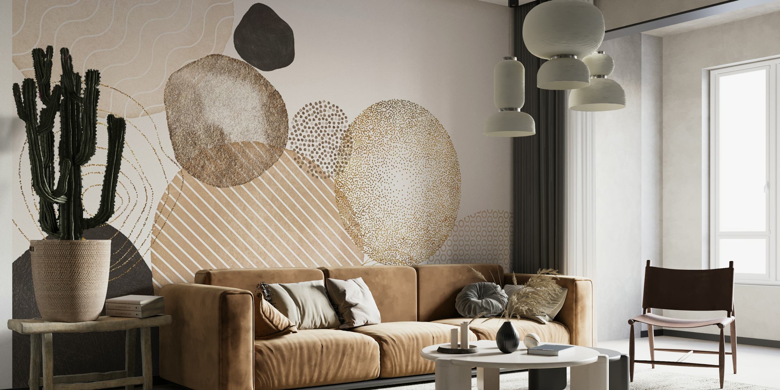 Neutral organic circle patterns in beige, black, and gold structured wallpaper