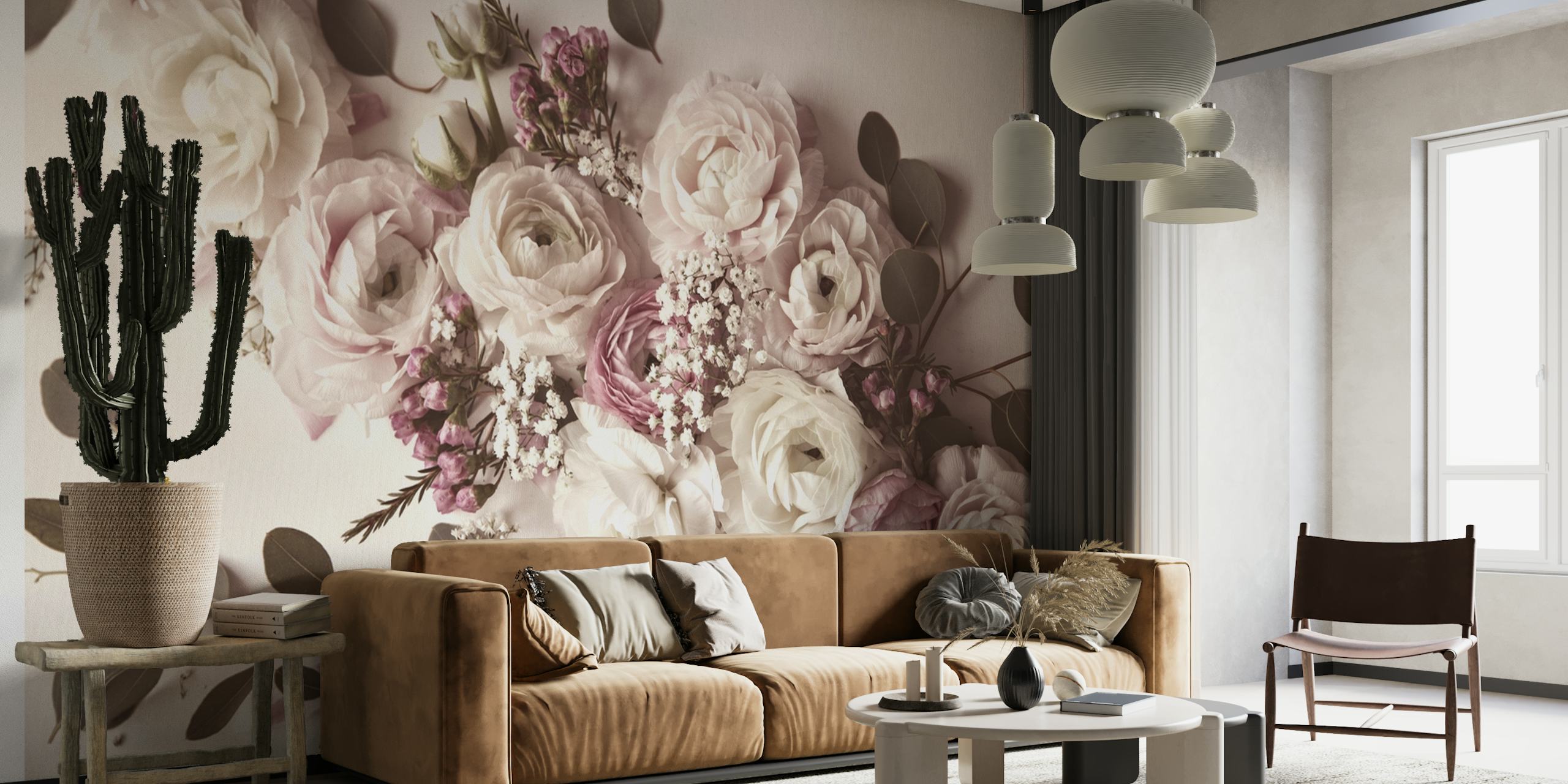 Pink and white flowers with eucalyptus leaves floral wallpaper