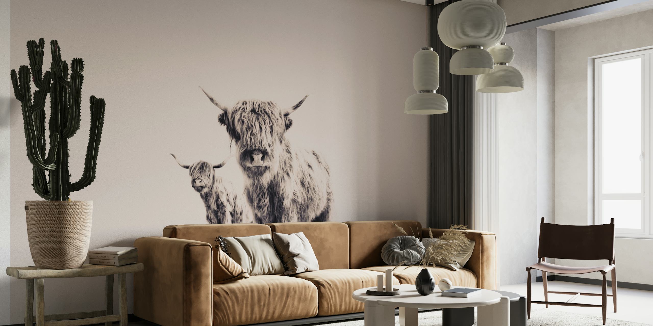 Highland Cows Beige wallpaper in a room
