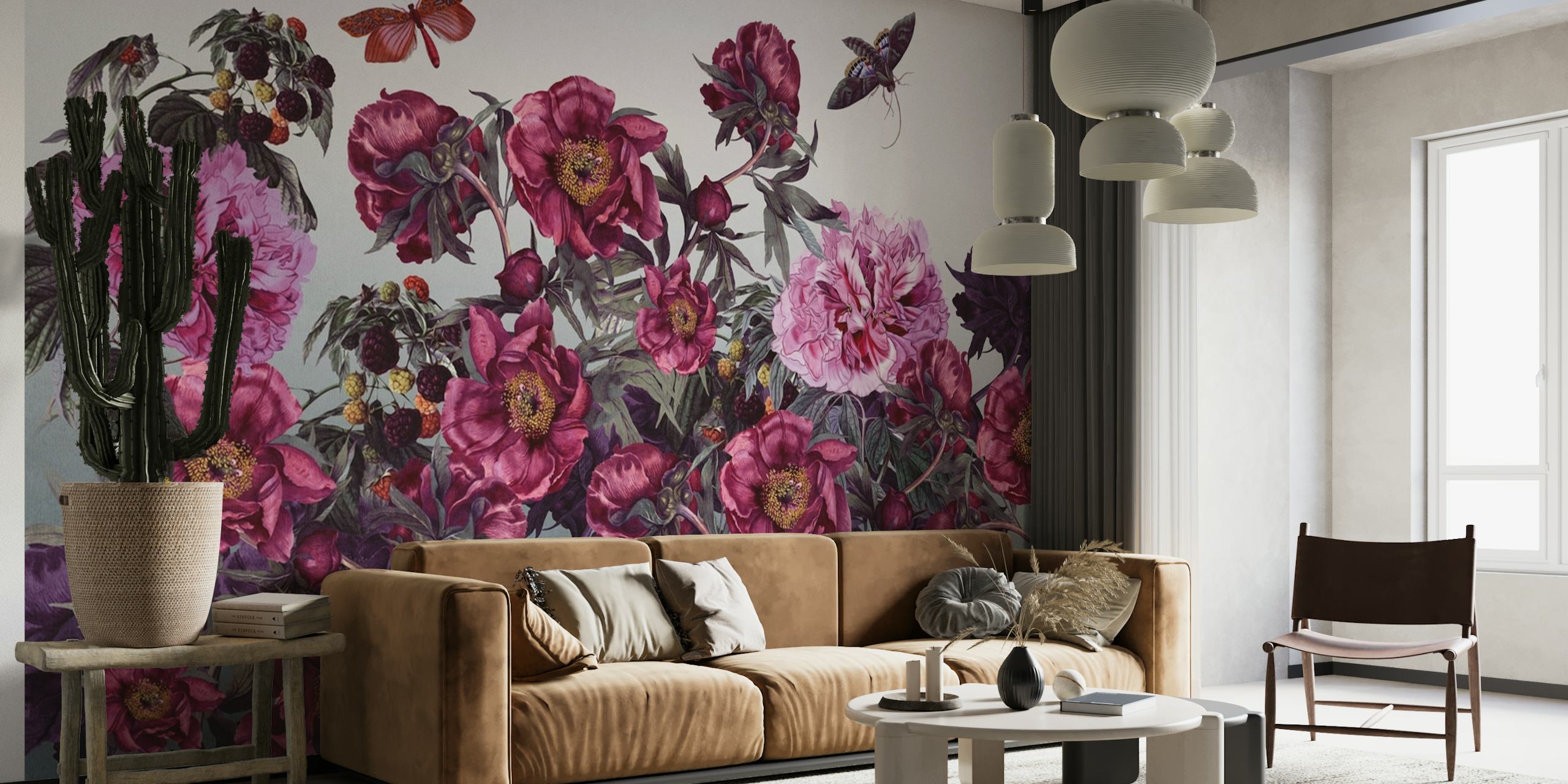 Seinämaalaus, jossa on erilaisia vaaleanpunaisia ja violetteja pionikukkia, vihreitä lehtiä ja perhonen.