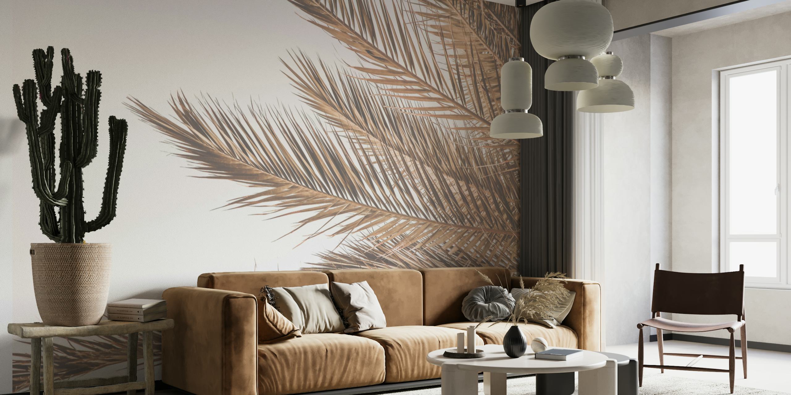 Tropical palm leaves in brown tones wallpaper