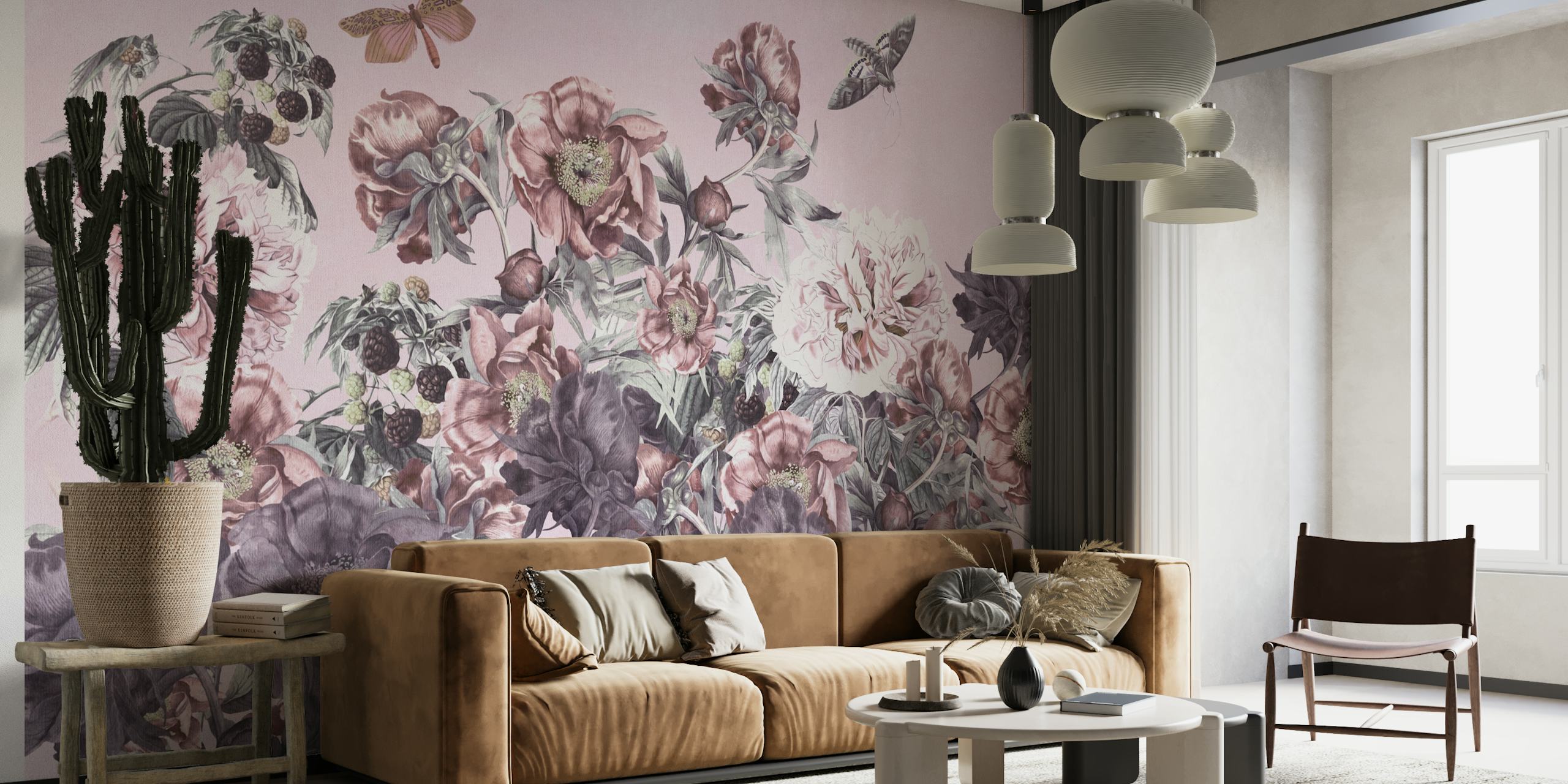 Peonies blooming in light pink wallpaper