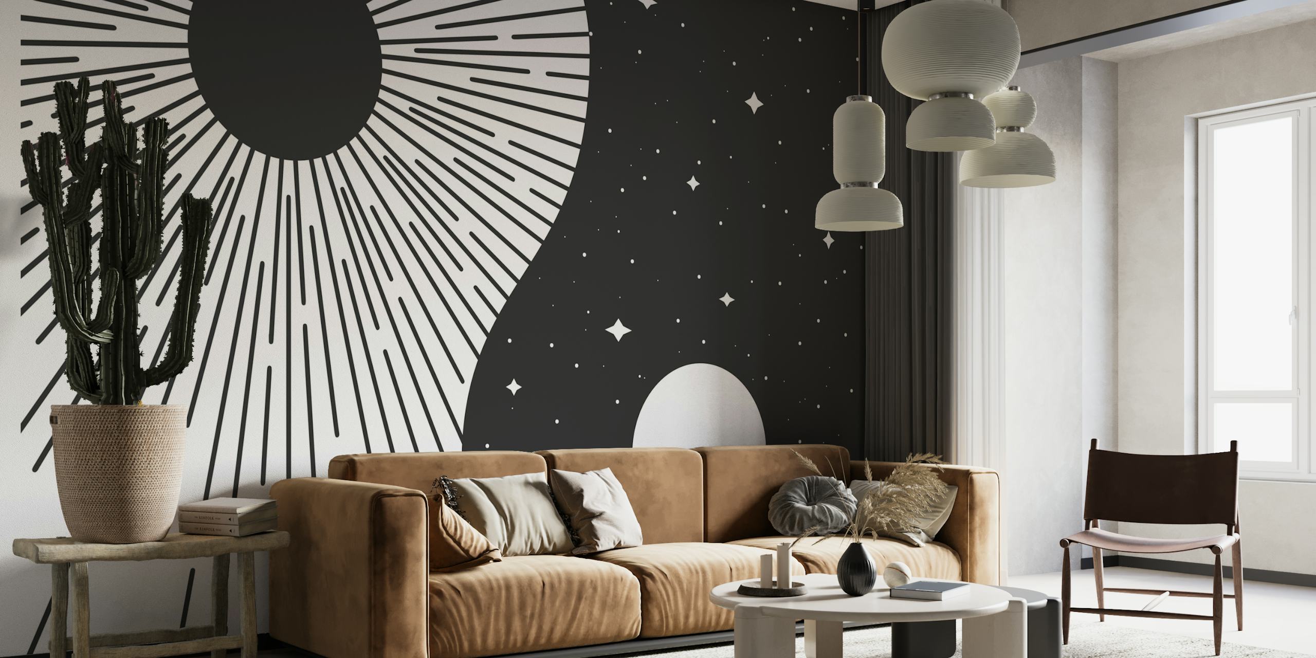 Fotomural pared Yin Yang Rayo de sol negro y luna con estrellas