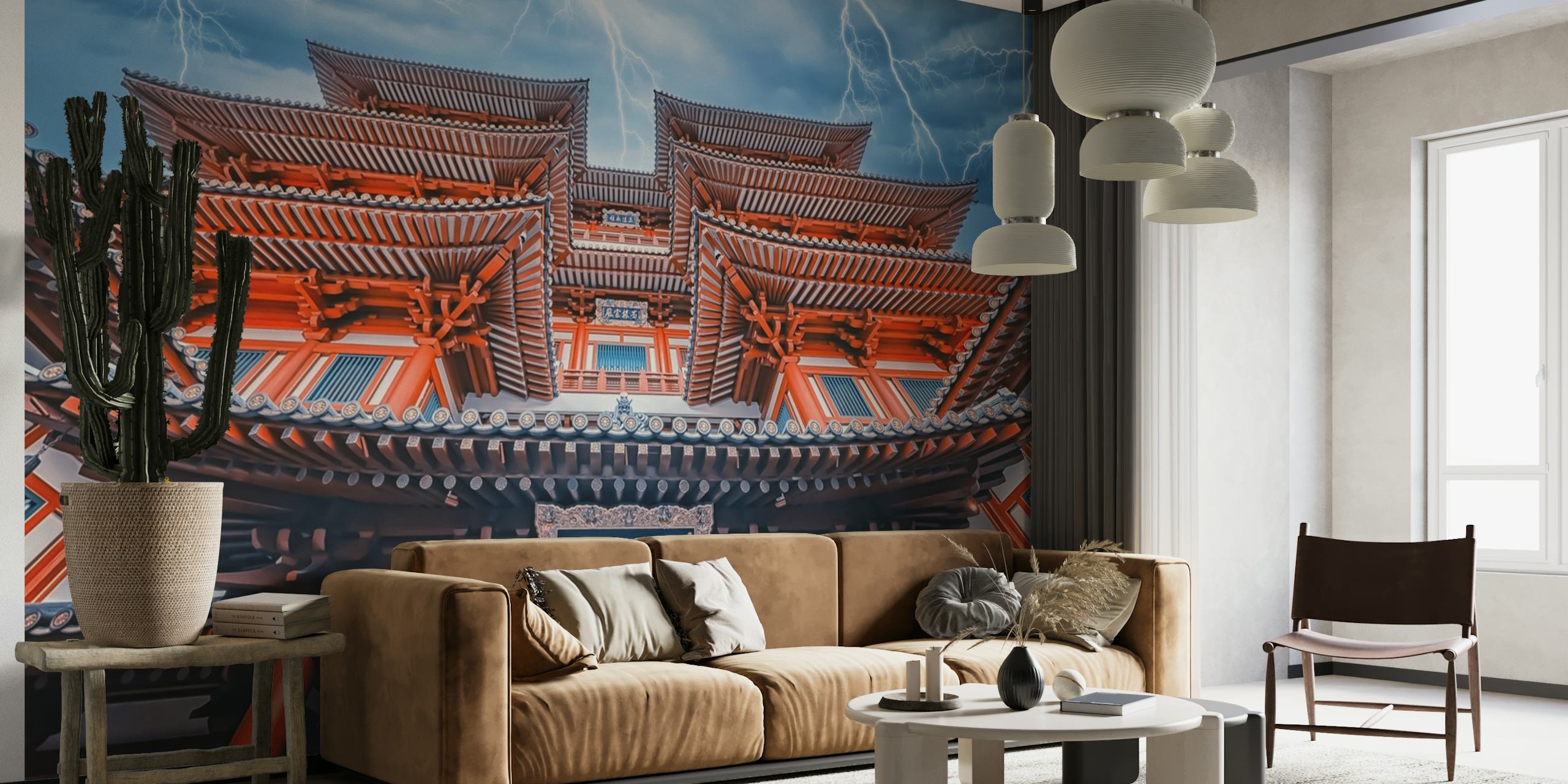 Electric thunderstorm over traditional temple wall mural