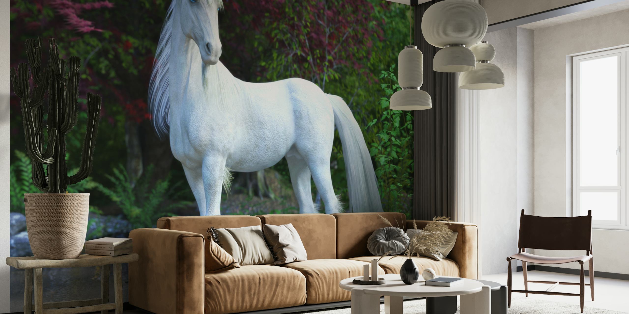 Design de papel de parede White unicorn em um quarto