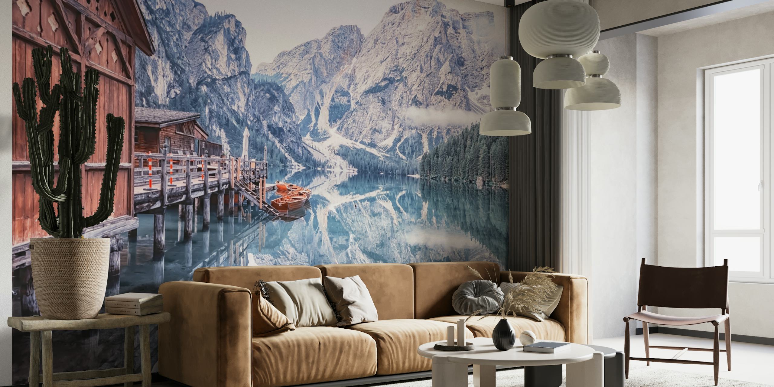 Mountain lake reflection with wooden cabin and boats wallpaper