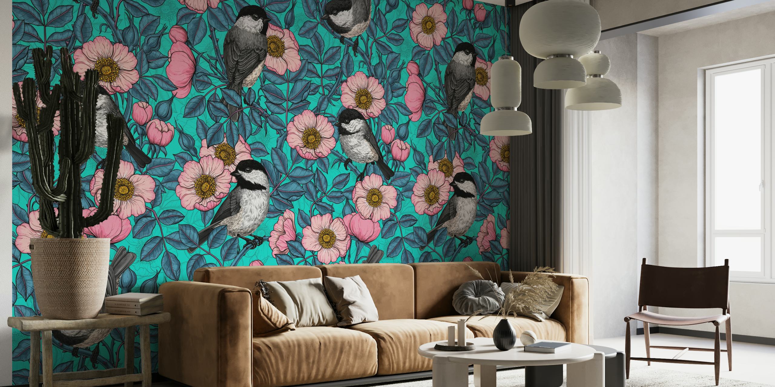 Chickadees and wild roses wallpaper in a room