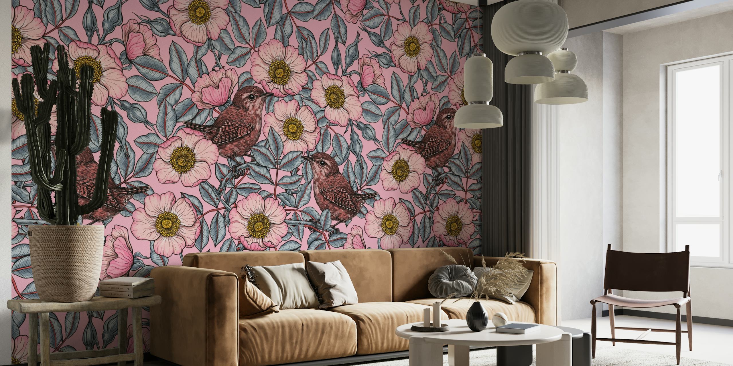 Mural de parede de carriças aninhadas entre rosas desabrochando com uma paleta de cores de inspiração vintage