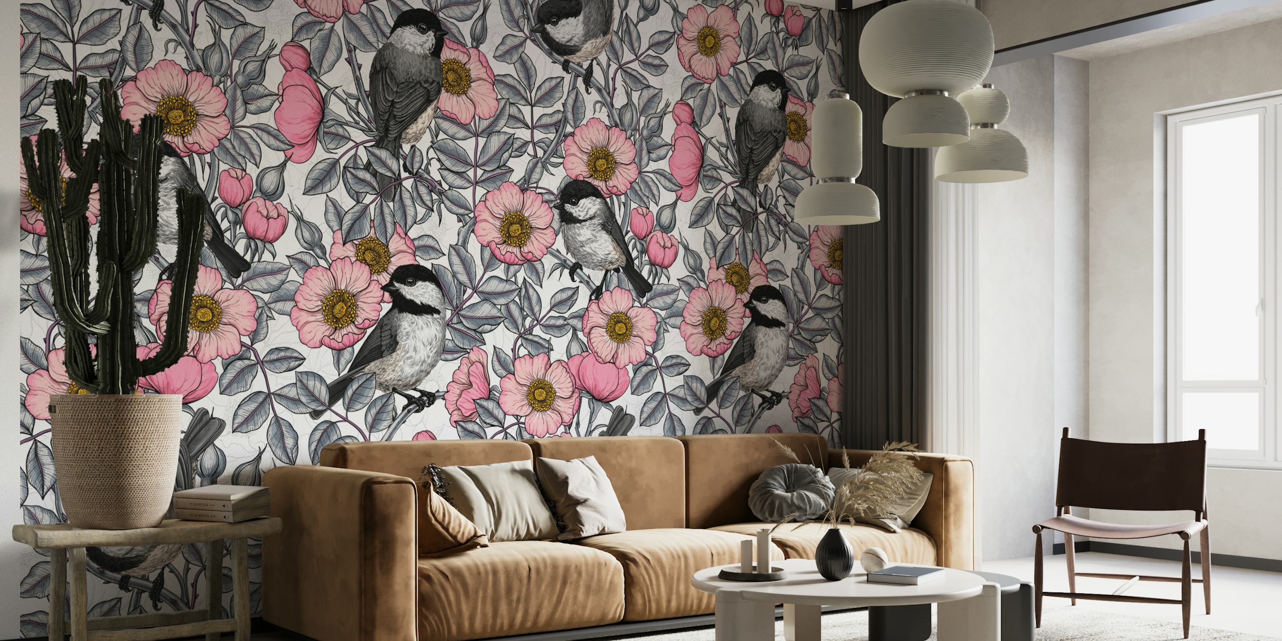 Chickadees in wild rose tapettikuvio