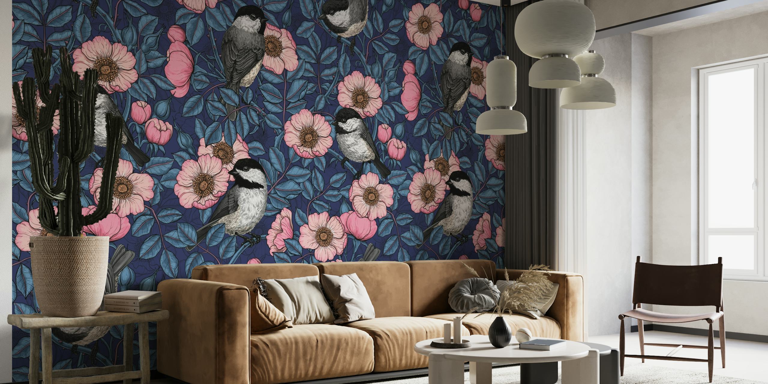 Wall mural with birds and wild roses on a deep blue background
