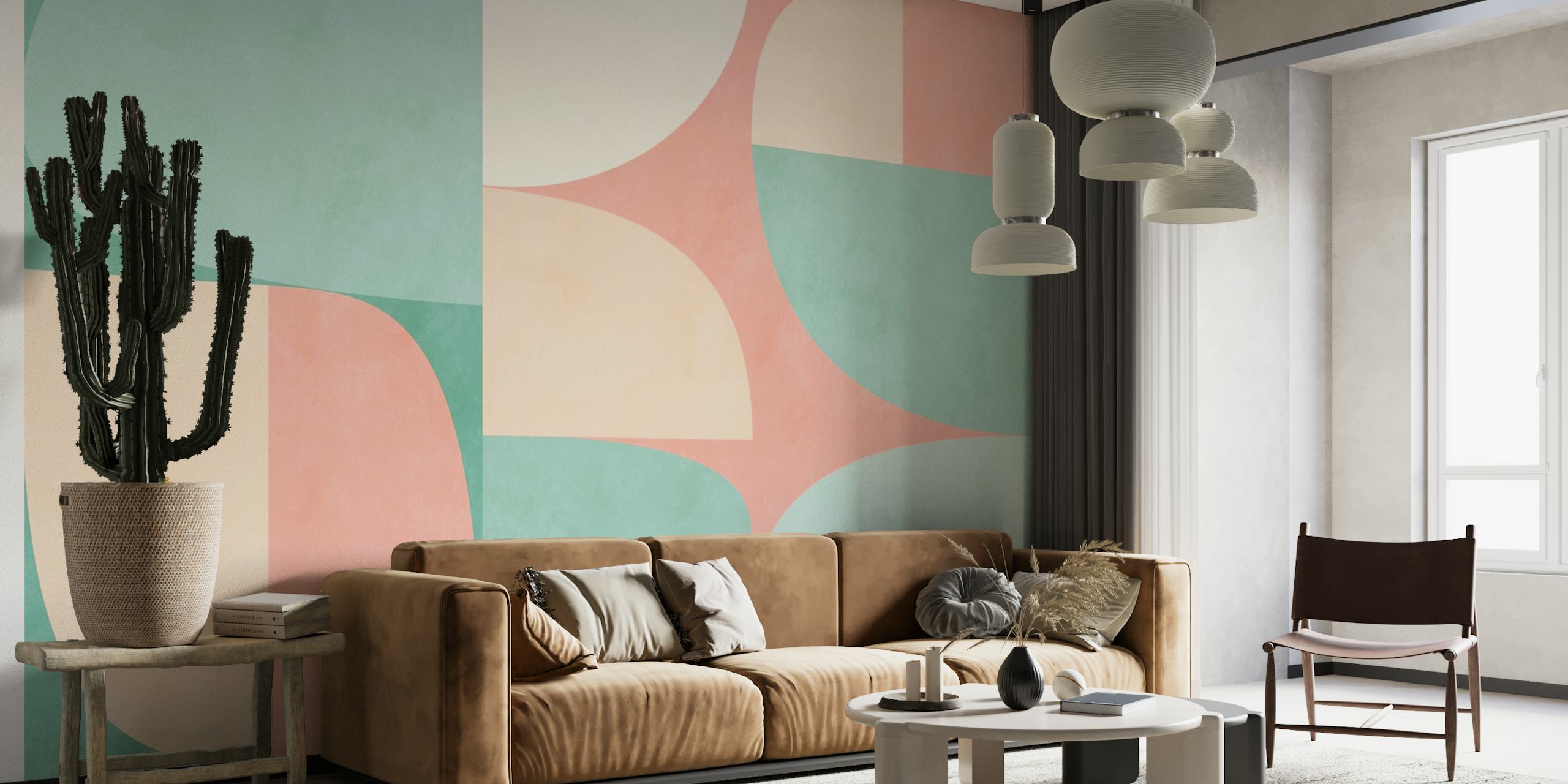 Mid Century Modern Pastel Geo wall mural featuring abstract geometric shapes in soft pastel colors