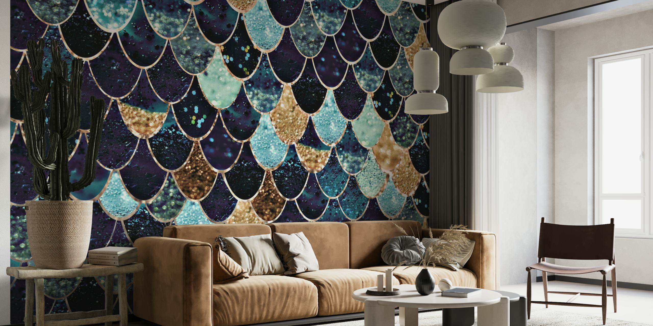 Blue and gold glittering mermaid scale patterned wallpaper