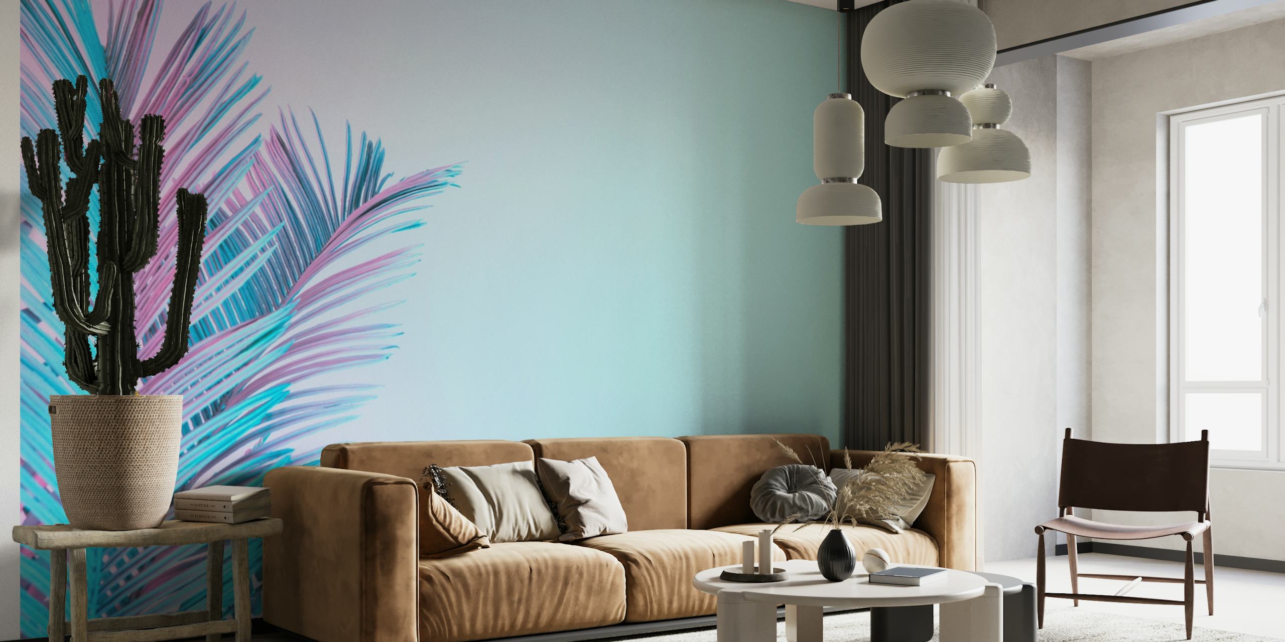Trooppinen pastelli palmulehtien seinämaalaus vaaleanpunaisen ja sinisen sävyillä