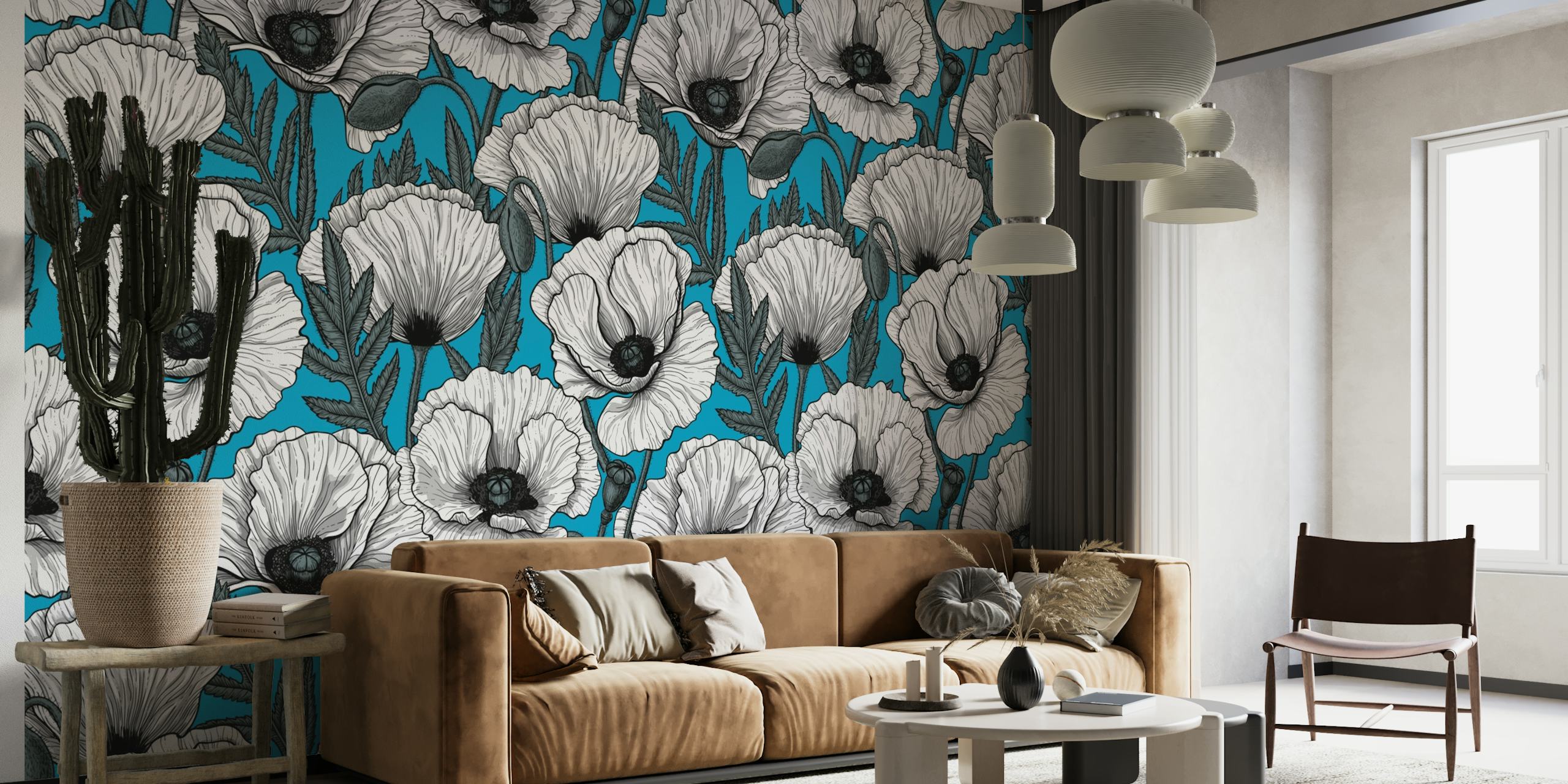 Stylized white poppies on a blue background wall mural