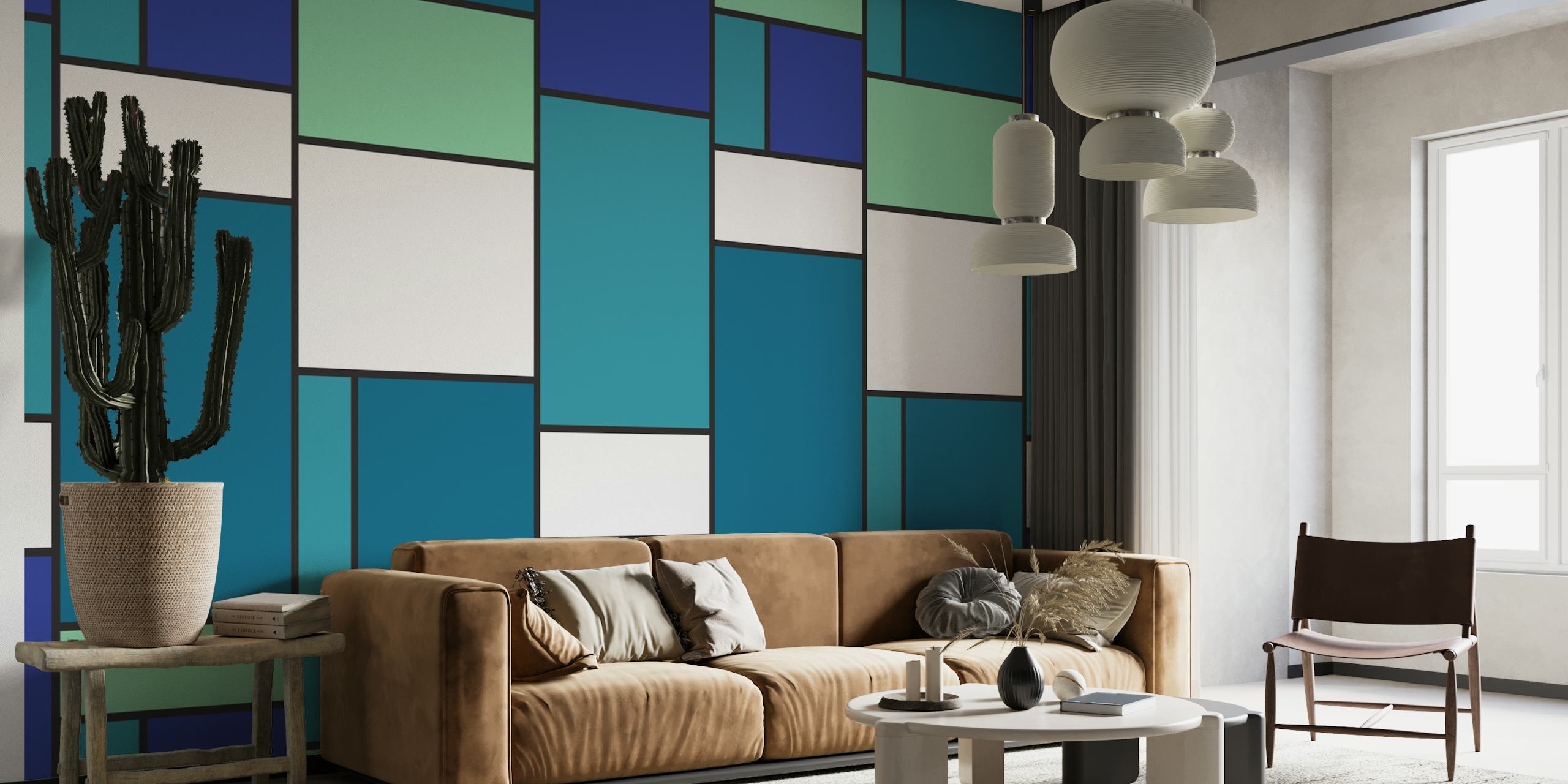Geometric blocks in shades of blue and green wallpaper
