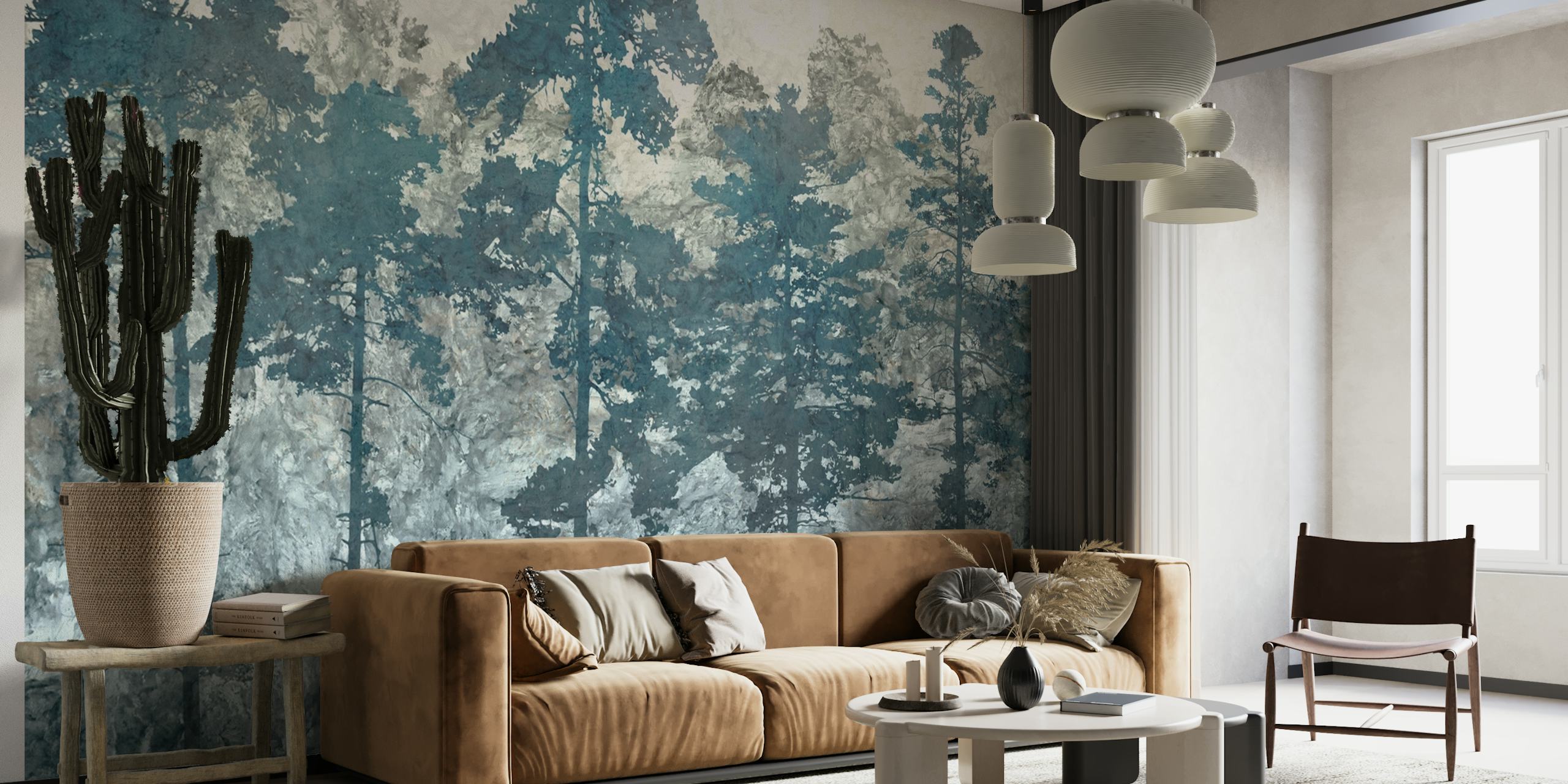 Representación artística de un bosque de pinos en azules y blancos abstractos.