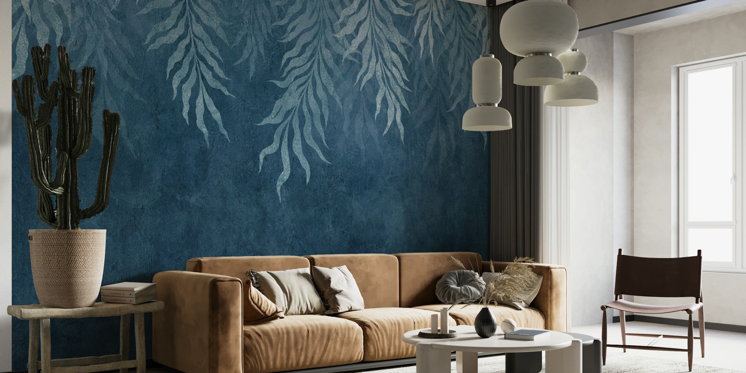 Dark blue tropical leaves wallpaper
